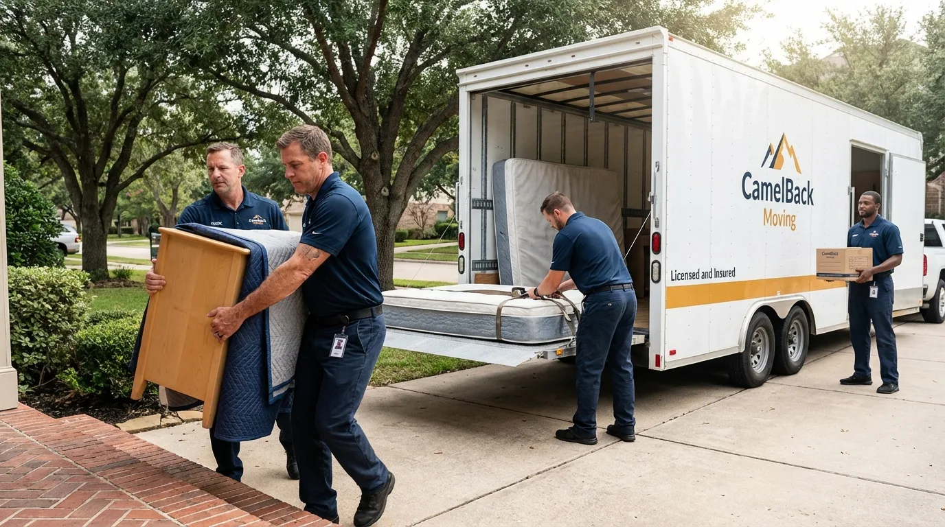 Crew loading residential truck for cross-state move from Phillips, ME