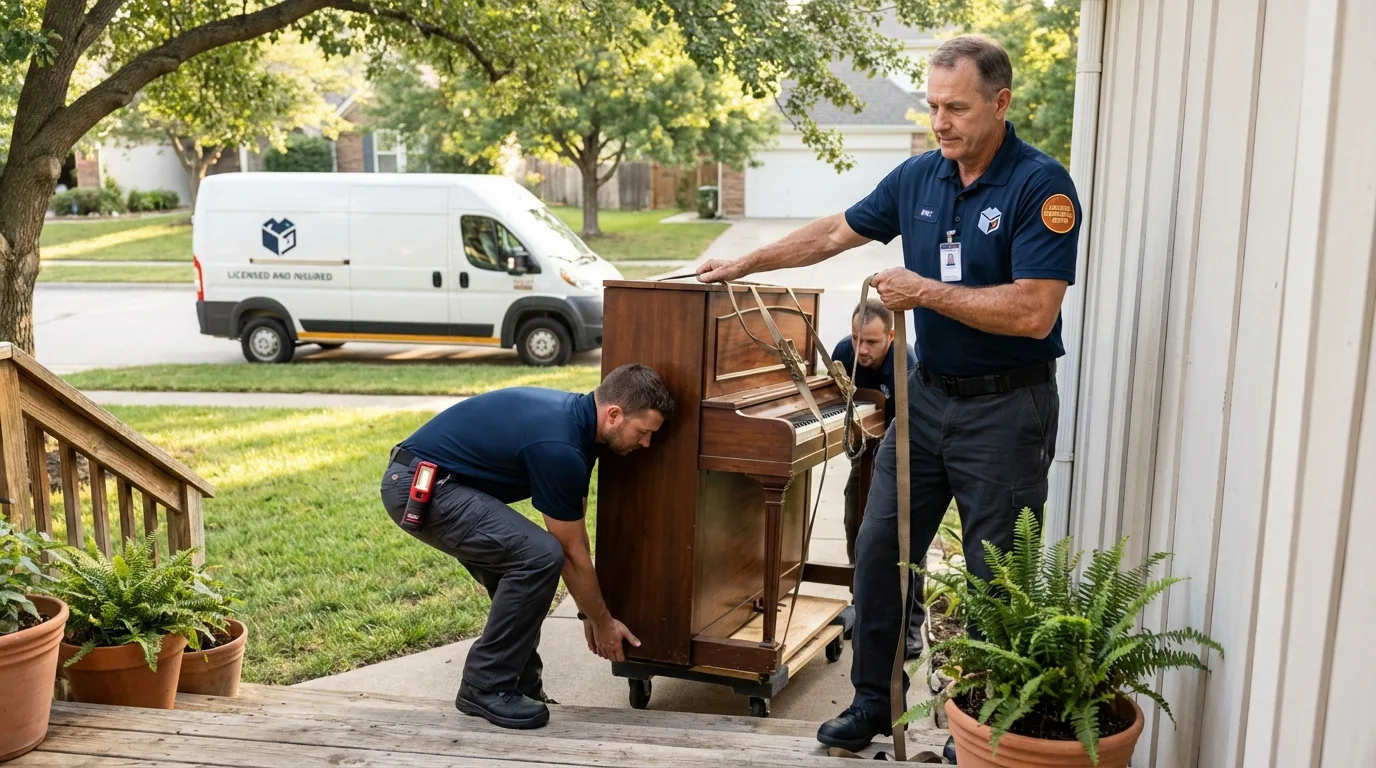 Licensed piano movers securing grand piano in Phillips, ME