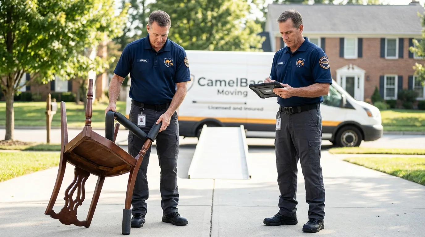 Movers inspecting furniture for damage prevention before loading in Phillips, ME