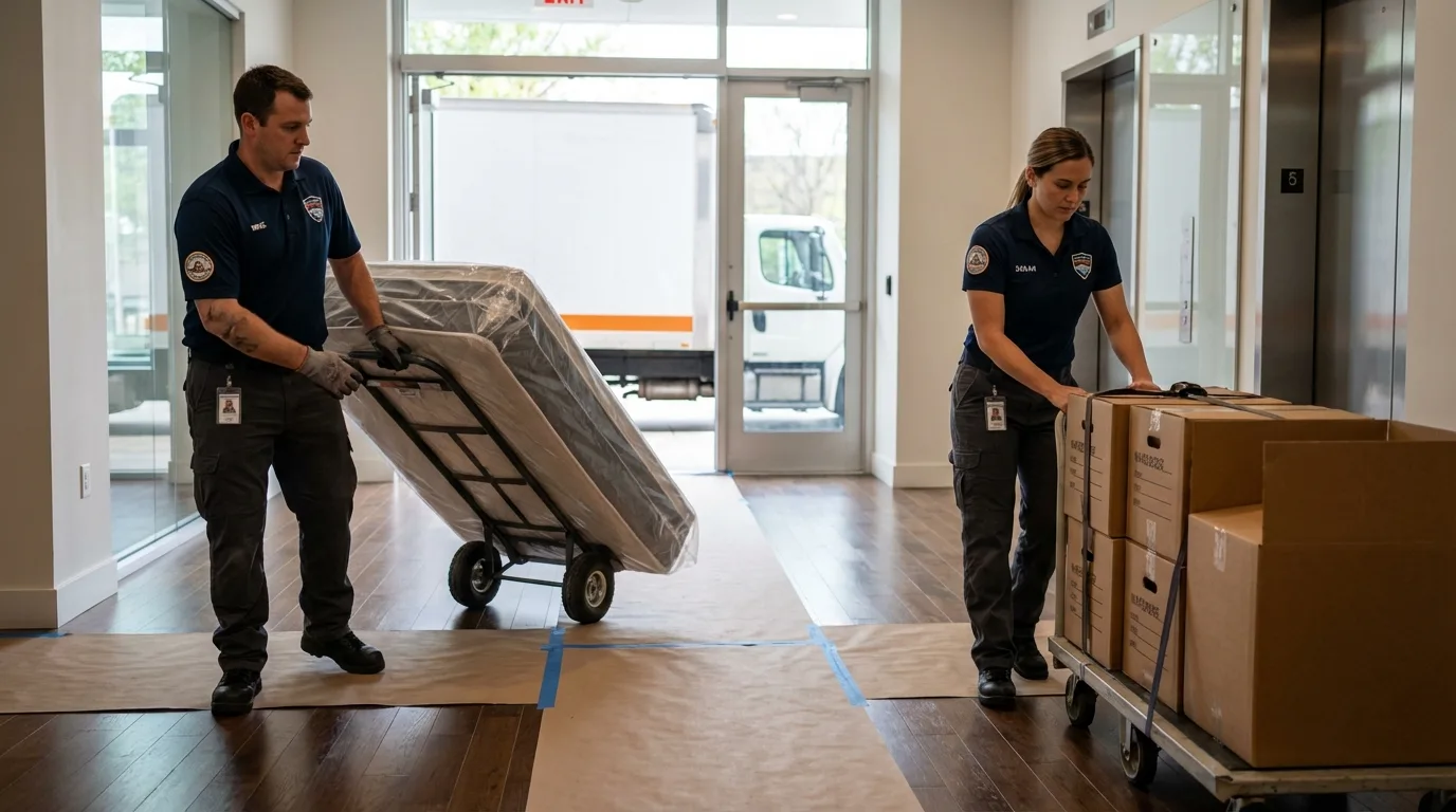 Professional apartment movers loading elevator in Phillips, ME